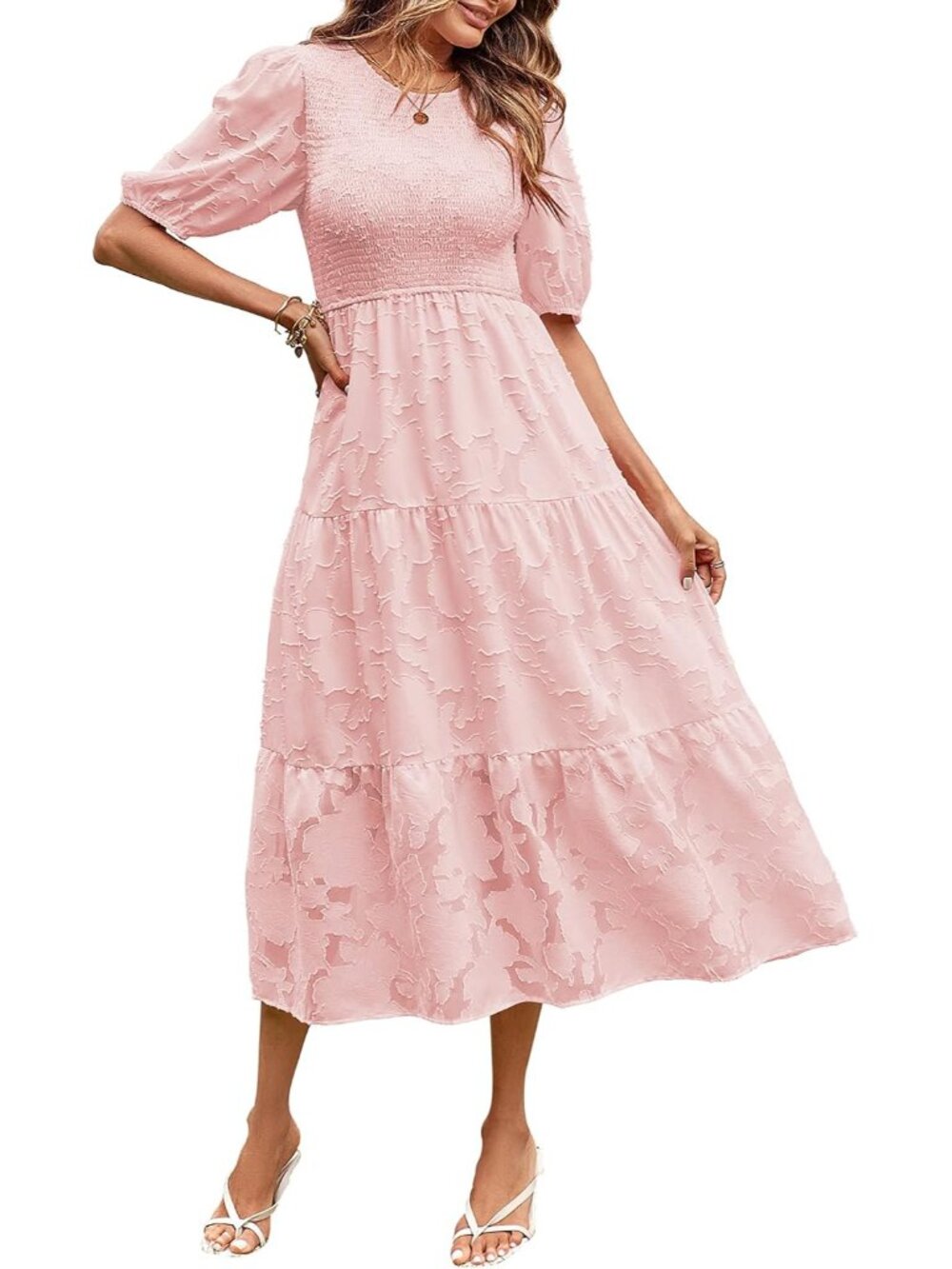 Women's Summer Puff Sleeve Tiered Midi Dresses